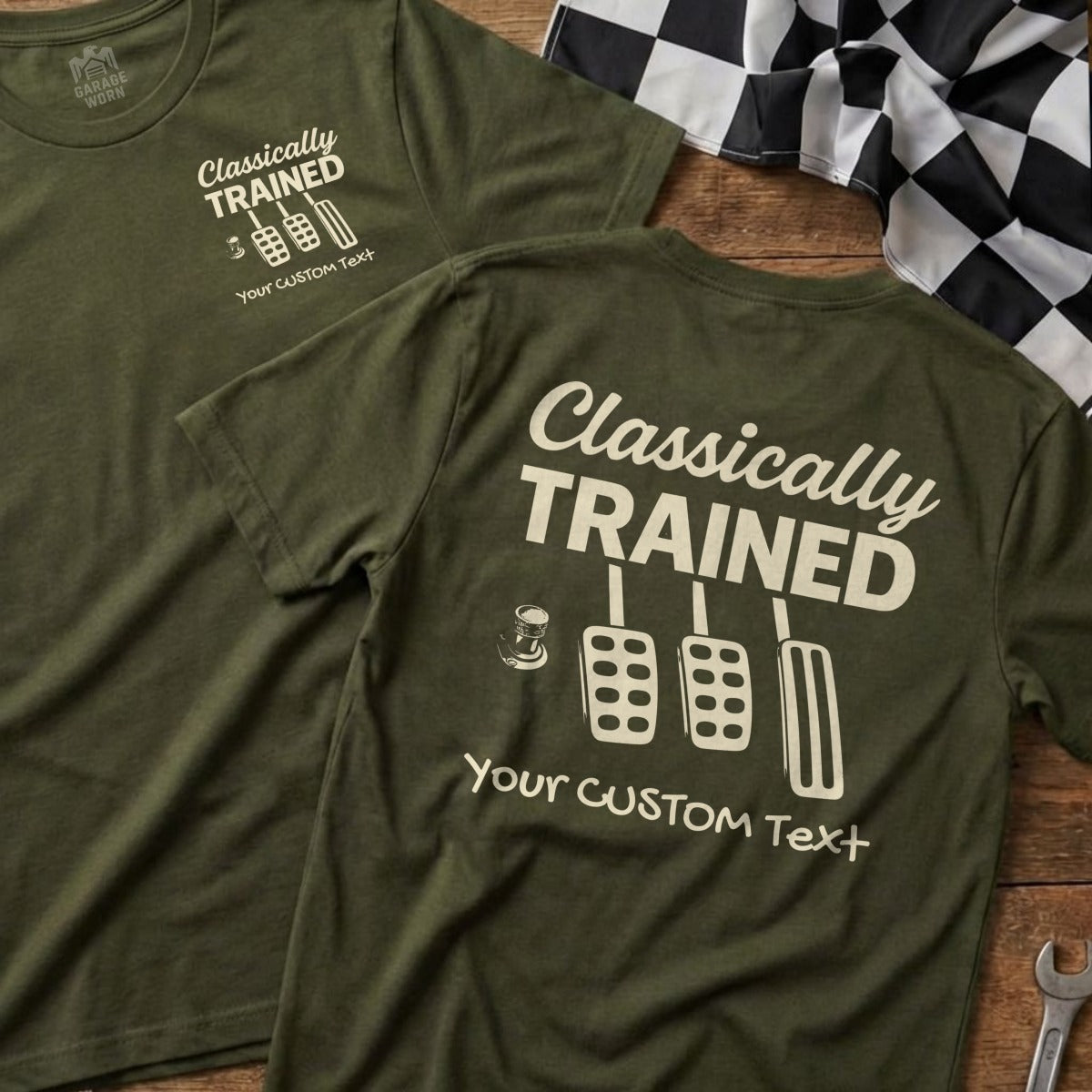 Military green t-shirt with "Classically Trained" and three pedals.