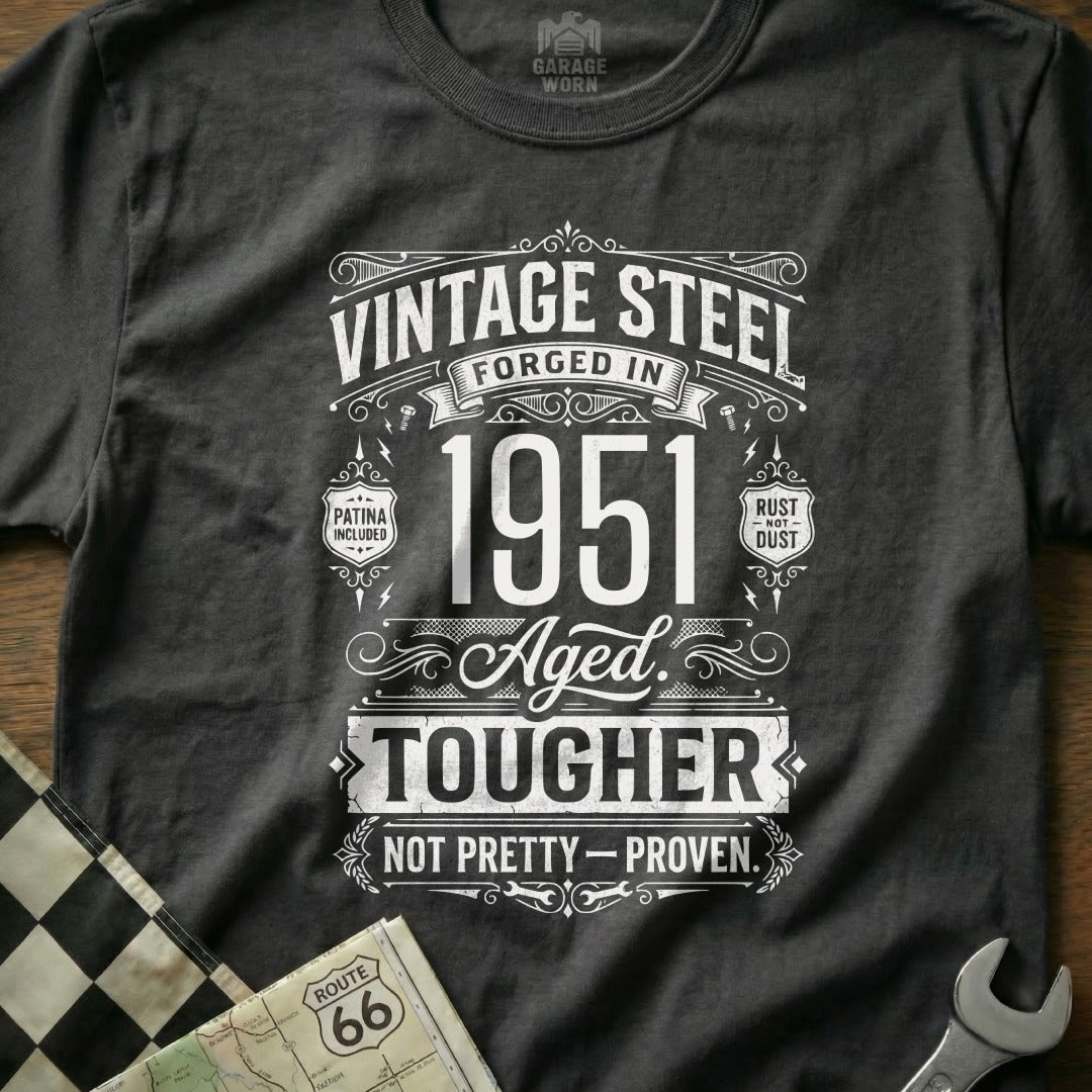 Black t-shirt with "Vintage Steel Forged in 1951 Aged Tougher" graphic.