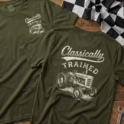 Olive green t-shirt with "Classically Trained" text and vintage tractor graphic.