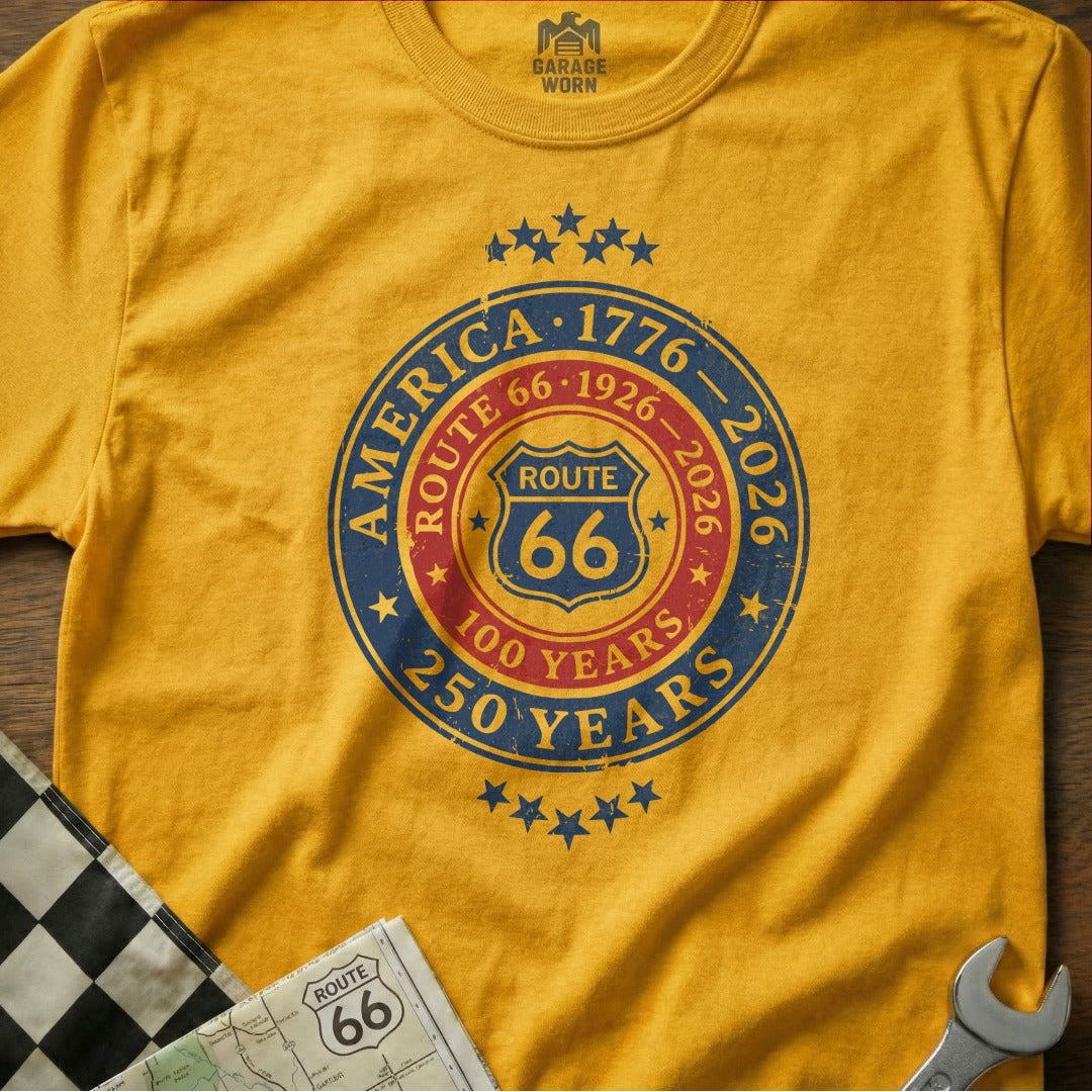 Yellow t-shirt with Route 66 centennial design.