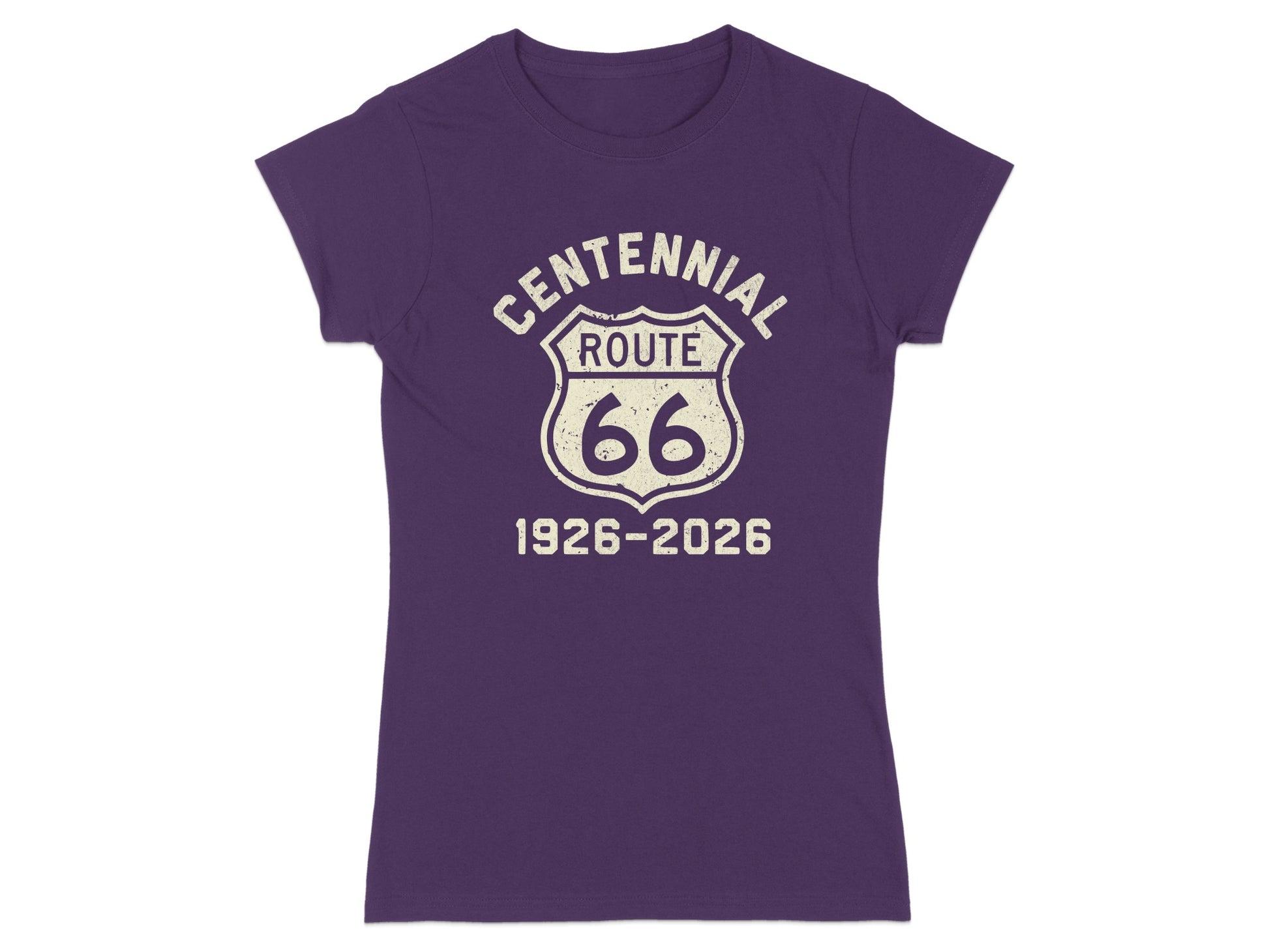 Purple t-shirt with Route 66 Centennial 1926-2026 graphic.