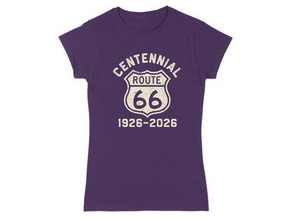 Purple t-shirt with Route 66 Centennial 1926-2026 graphic.