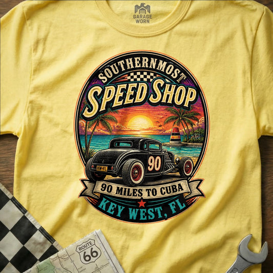 Southernmost Speed Shop graphic with hot rod on beach, 90 miles to Cuba, Key West, FL.