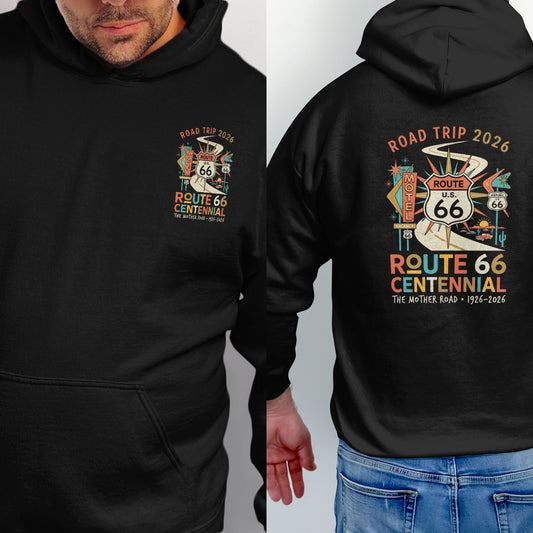 Black hoodie with Route 66 Centennial graphic featuring road signs and vintage imagery.