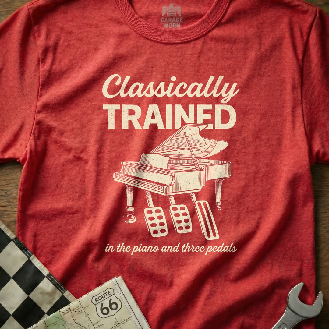 Red t-shirt with a vintage piano and "Classically Trained" text.