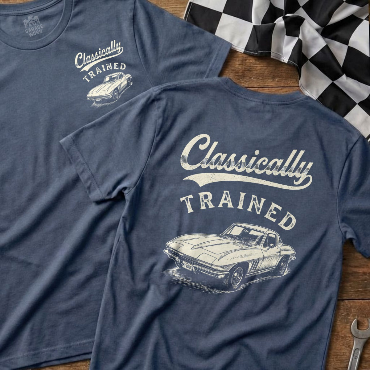 Blue t-shirts with "Classically TRAINED" text and vintage Corvette illustration.