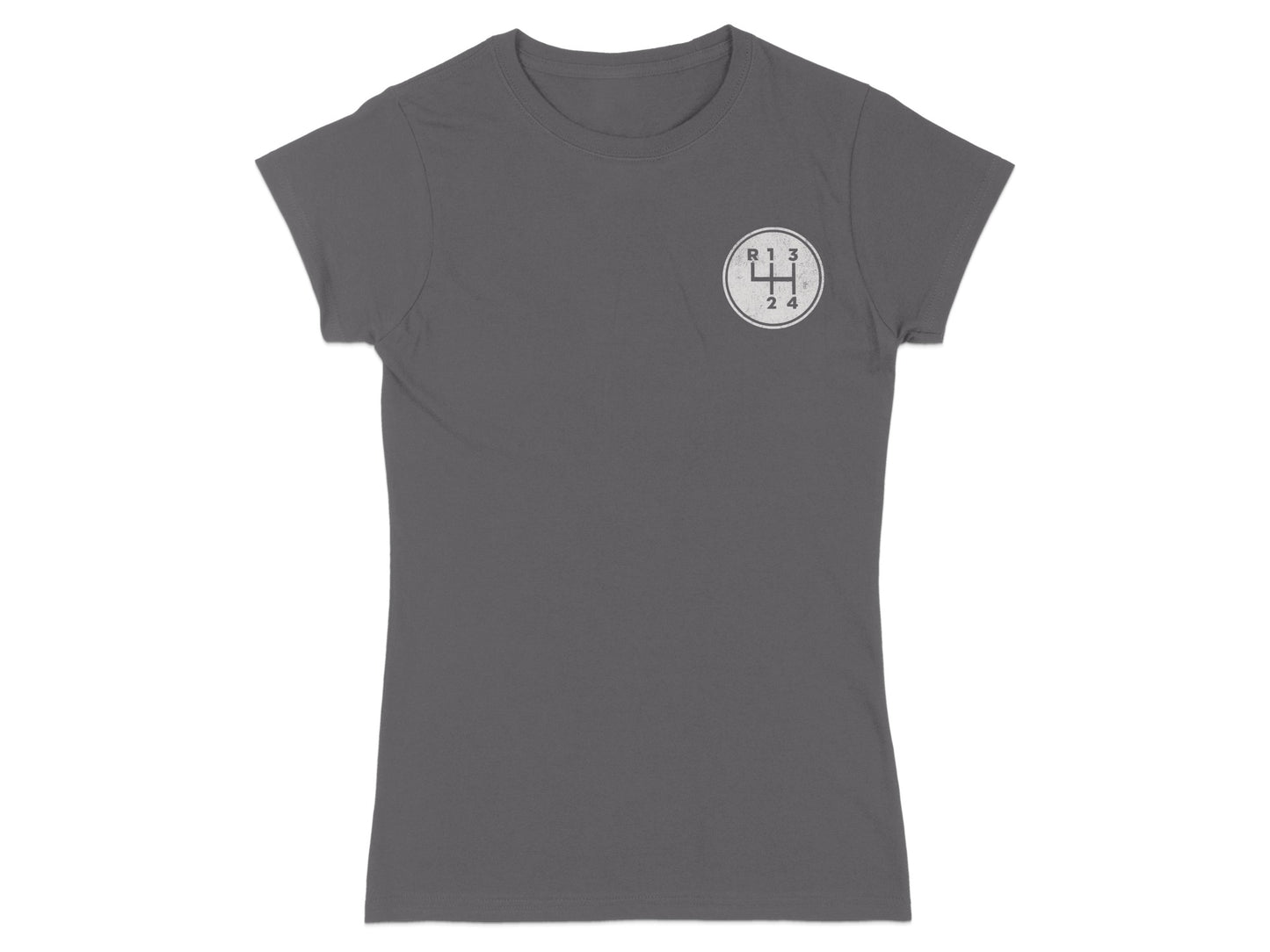 Grey t-shirt with a circular manual gear shift pattern graphic on the left chest.