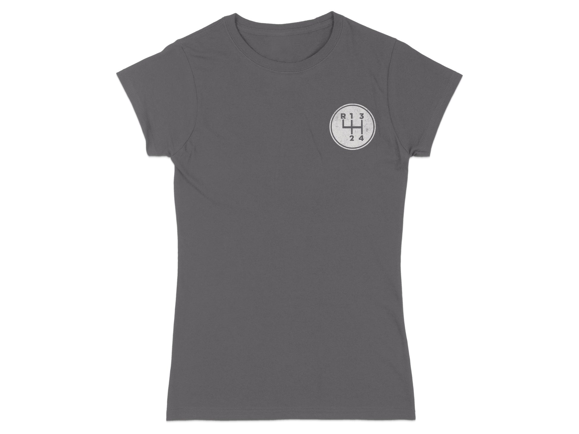Grey t-shirt with a circular manual gear shift pattern graphic on the left chest.