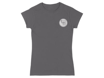 Grey t-shirt with a circular manual gear shift pattern graphic on the left chest.