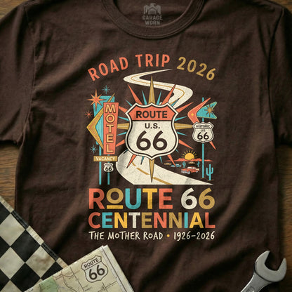 Brown t-shirt with Route 66 Centennial 1926-2026 graphic.
