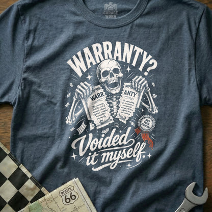 Skeleton holding ripped warranty papers under "WARRANTY?" text, "Voided it myself."