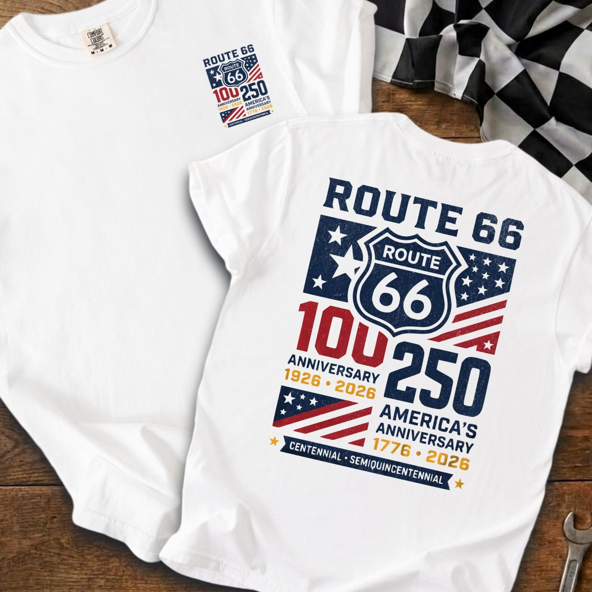 White t-shirt with Route 66 100th and America's 250th anniversary graphic.