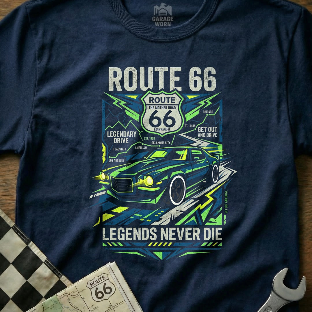 T-shirt graphic with Route 66 theme, car, and text "Legends Never Die."