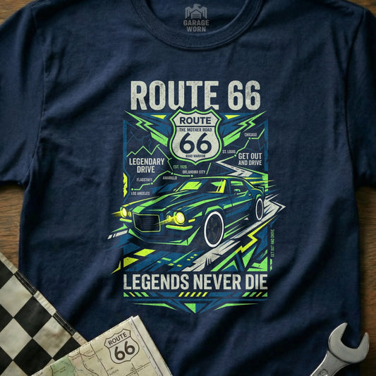 T-shirt graphic with Route 66 theme, car, and text "Legends Never Die."