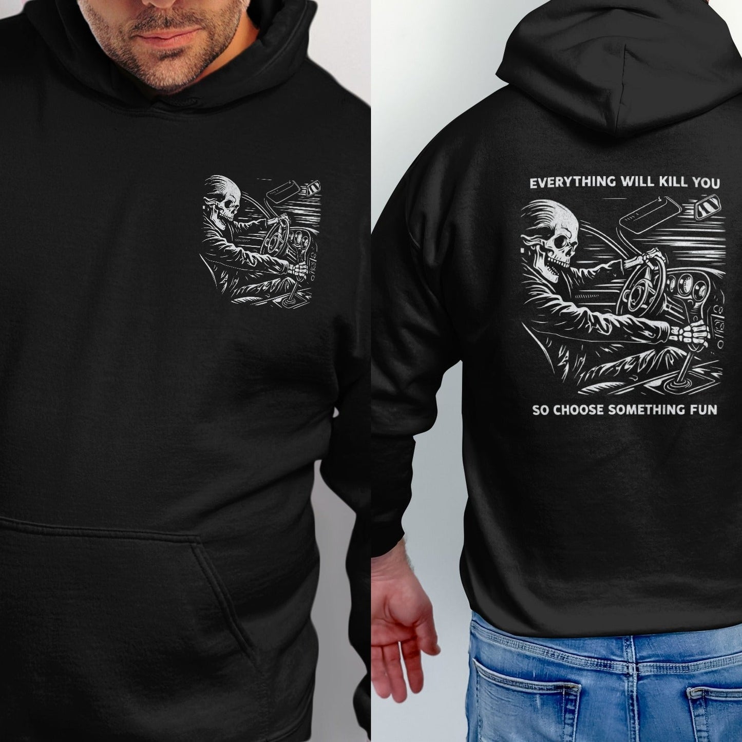 Black hoodie with skull driving a car graphic and text.