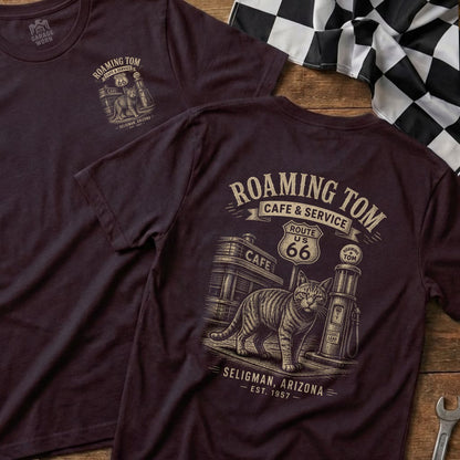 Burgundy t-shirt with "Roaming Tom Cafe & Service Seligman, Arizona" graphic and a cat.