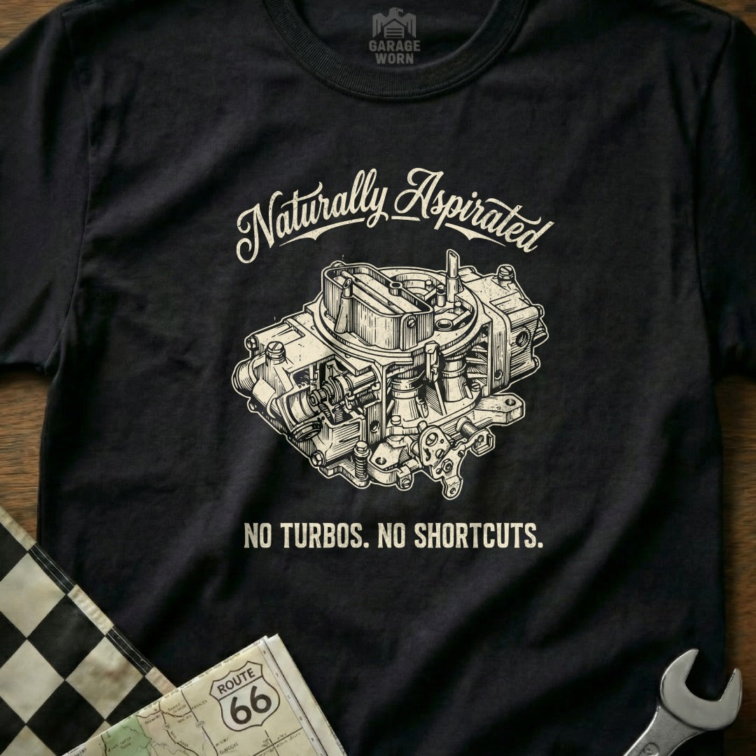 Black t-shirt with drawing of a carburetor and text "Naturally Aspirated NO TURBOS. NO SHORTCUTS."
