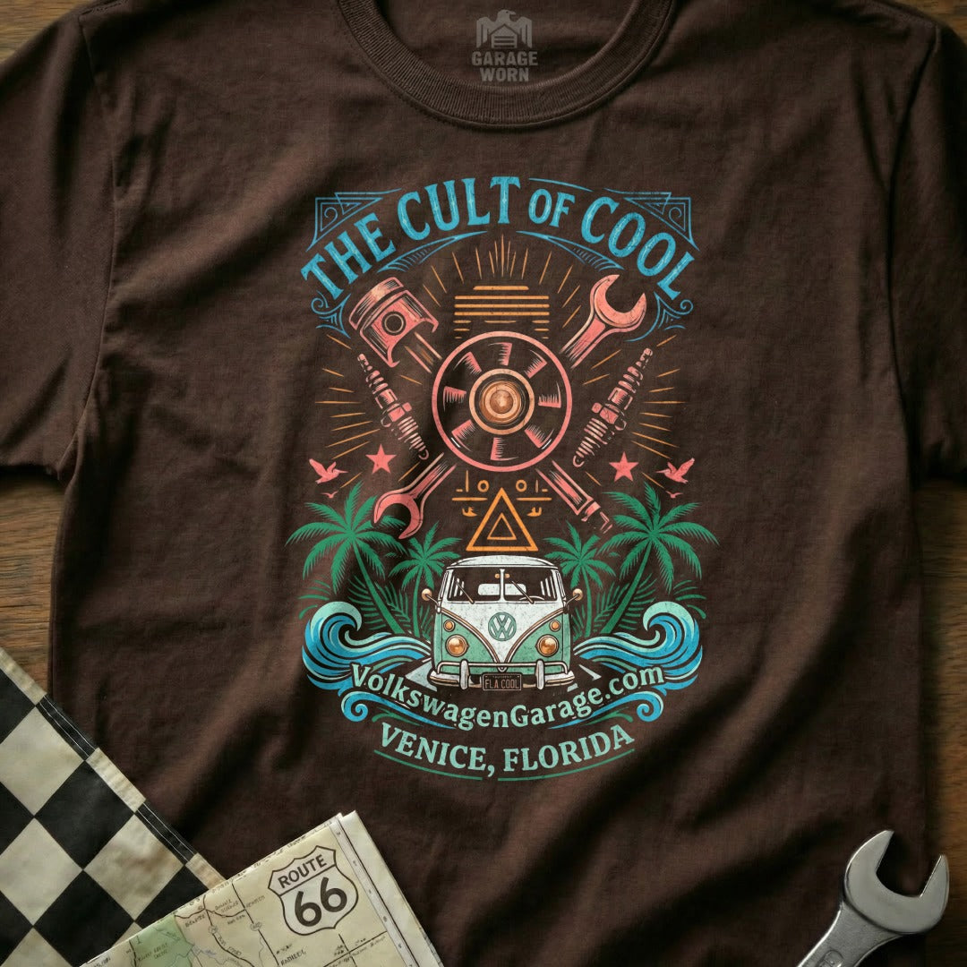 Brown t-shirt featuring "The Cult of Cool" graphic with Volkswagen van and Venice, Florida.