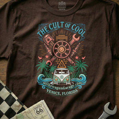 Brown t-shirt featuring "The Cult of Cool" graphic with Volkswagen van and Venice, Florida.