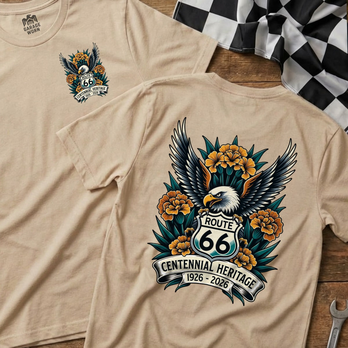 T-shirt featuring an eagle, Route 66 shield, and floral design.