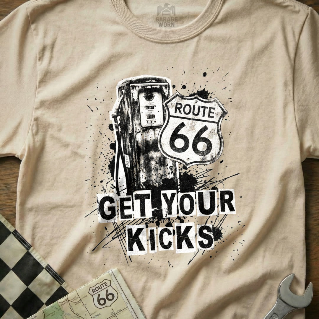 Route 66 gas pump with "Get Your Kicks" text and checkered flag.