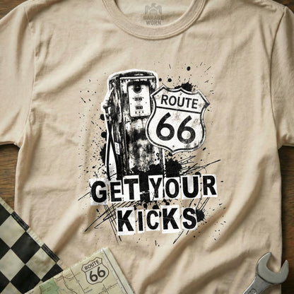 Route 66 gas pump with "Get Your Kicks" text and checkered flag.