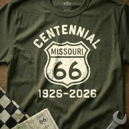 Green t-shirt with Centennial Missouri Route 66 1926-2026 graphic.