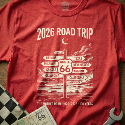 Red t-shirt with "2026 Road Trip" and Route 66 destinations graphic.