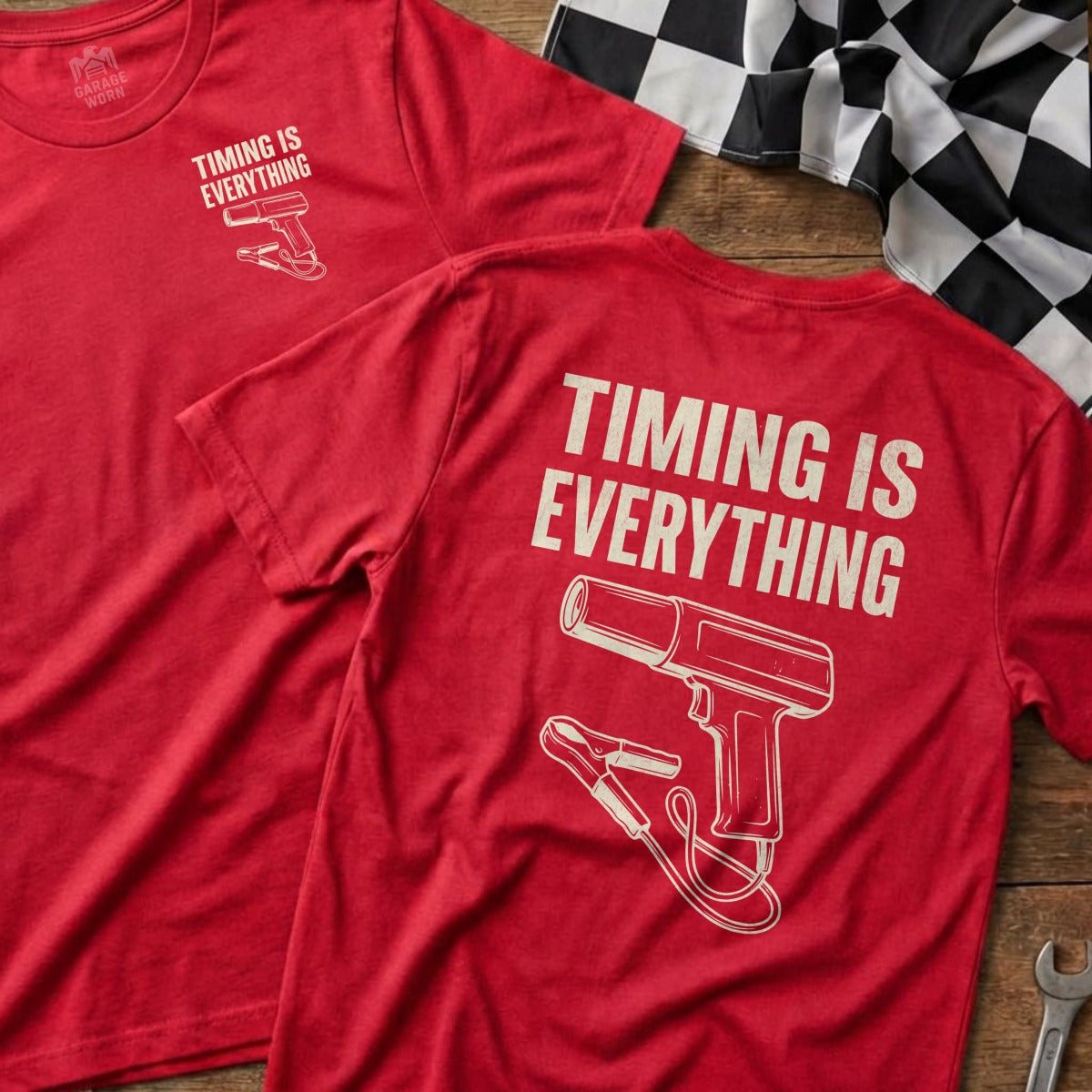 Red t-shirt with "Timing is Everything" and timing gun graphic.