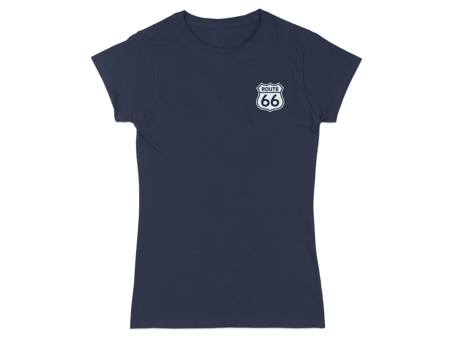 Dark blue t-shirt with Route 66 logo on the left chest.