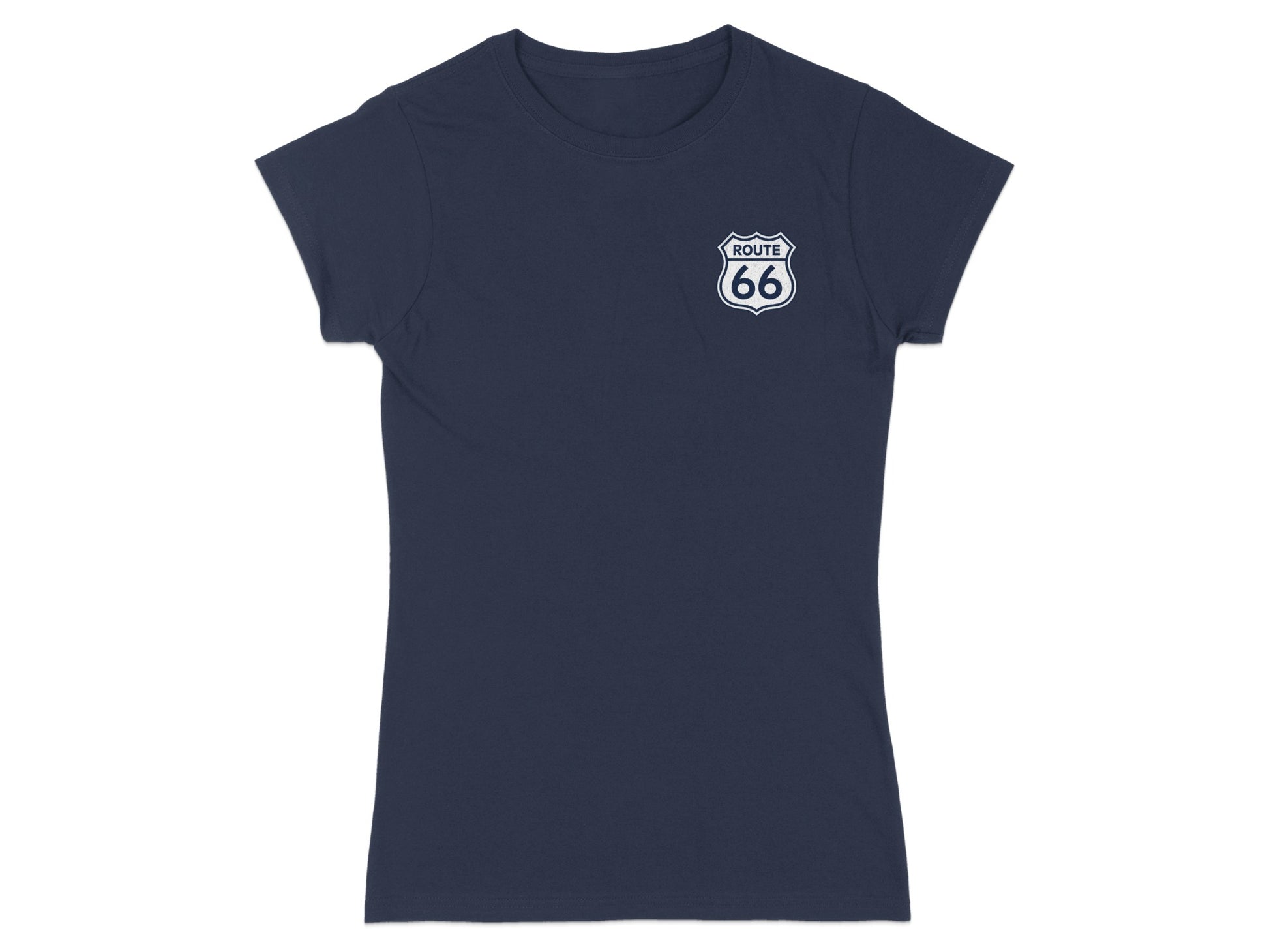 Dark blue t-shirt with Route 66 logo on the left chest.
