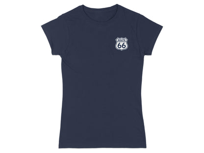Dark blue t-shirt with Route 66 logo on the left chest.