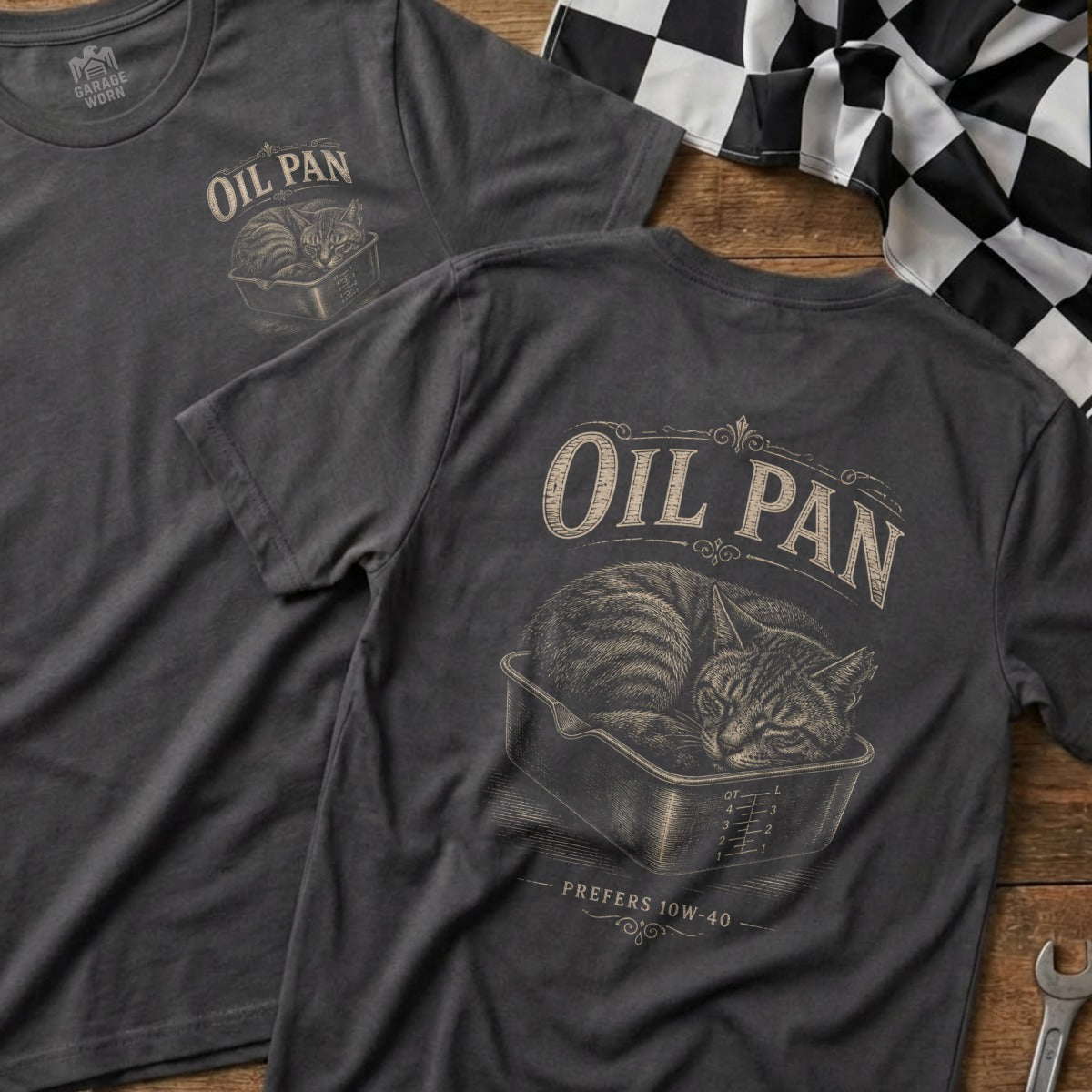 Charcoal t-shirt with "Oil Pan" text and a cat sleeping in an oil pan graphic.