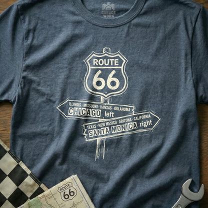 Route 66 signpost graphic on a blue t-shirt with states and destinations.