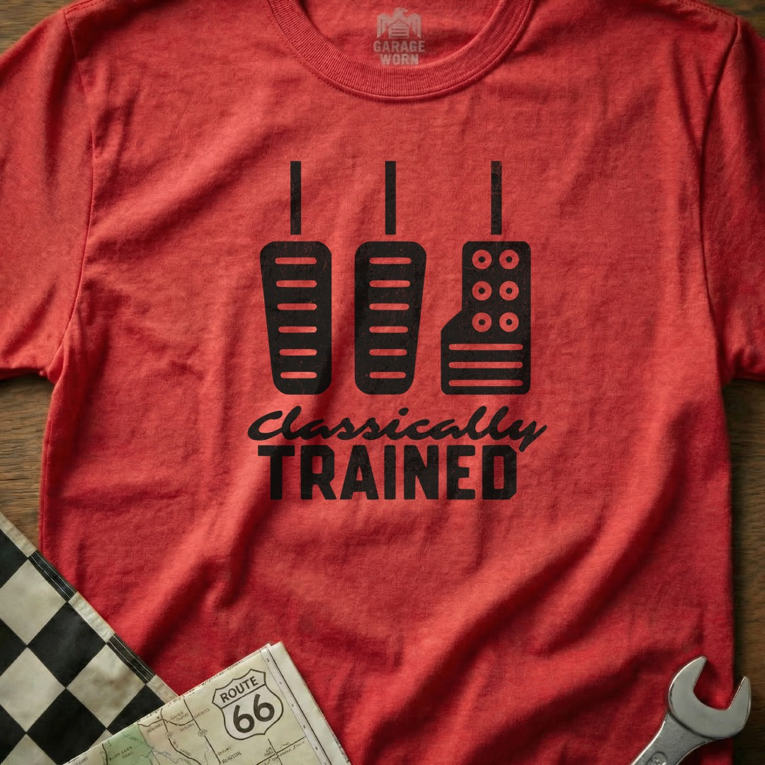 Red t-shirt with black graphic of three pedals and "Classically Trained" text.