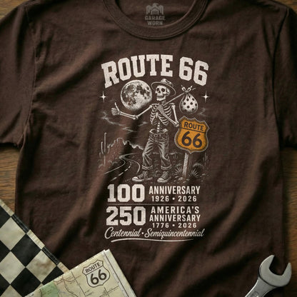 Brown t-shirt with Route 66 skeleton hitchhiking under a full moon.