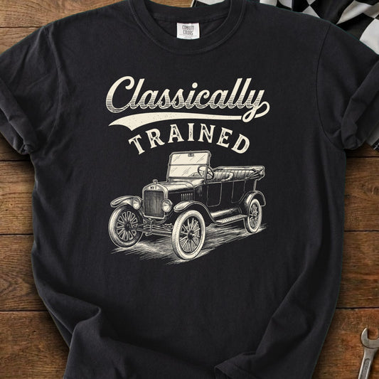 Black t-shirt with "Classically TRAINED" text and sketch of a vintage car.