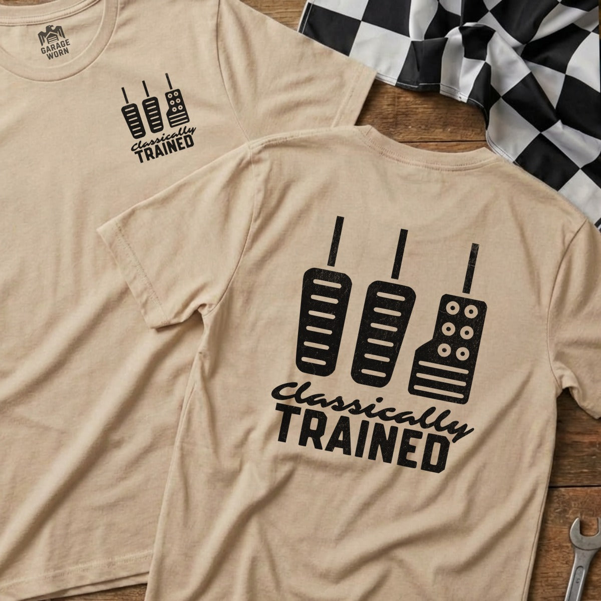 T-shirt with "Classically Trained" and three pedals graphic.