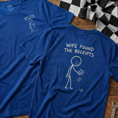 Blue t-shirts with white stick figure drawing and "WIFE FOUND THE RECEIPTS" text.