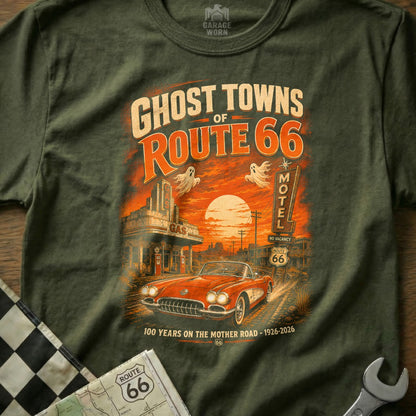 Ghost Towns of Route 66 graphic with orange sunset, vintage gas station, and classic car.