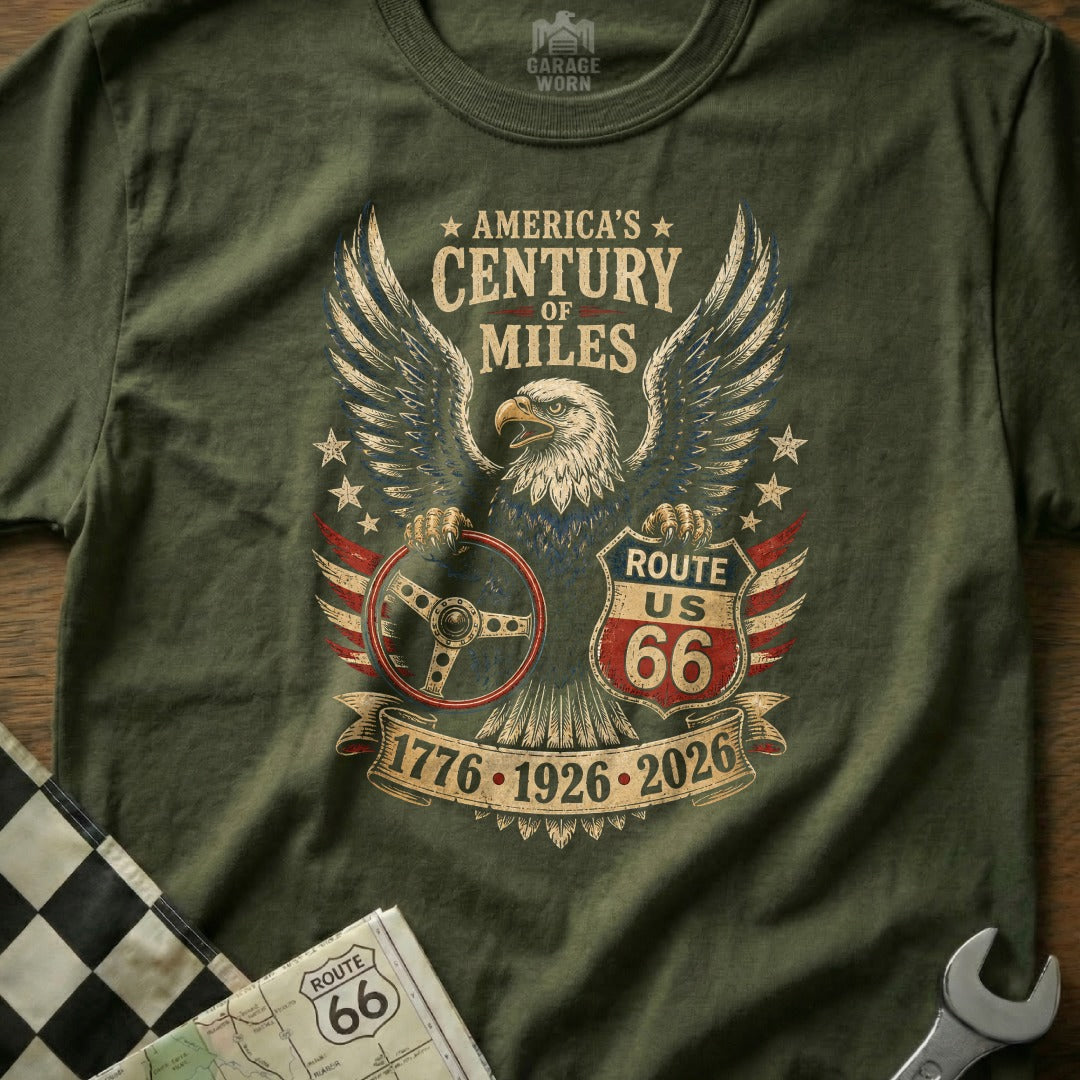 T-shirt with eagle, Route 66 shield, and "America's Century of Miles" text.
