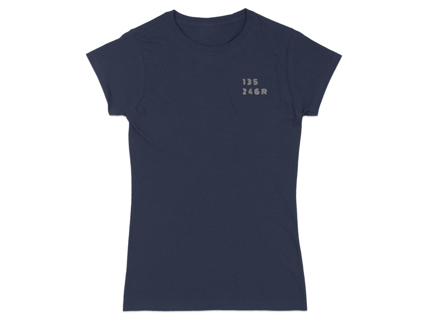Dark navy t-shirt with "135 246R" printed in small gray text on the chest.