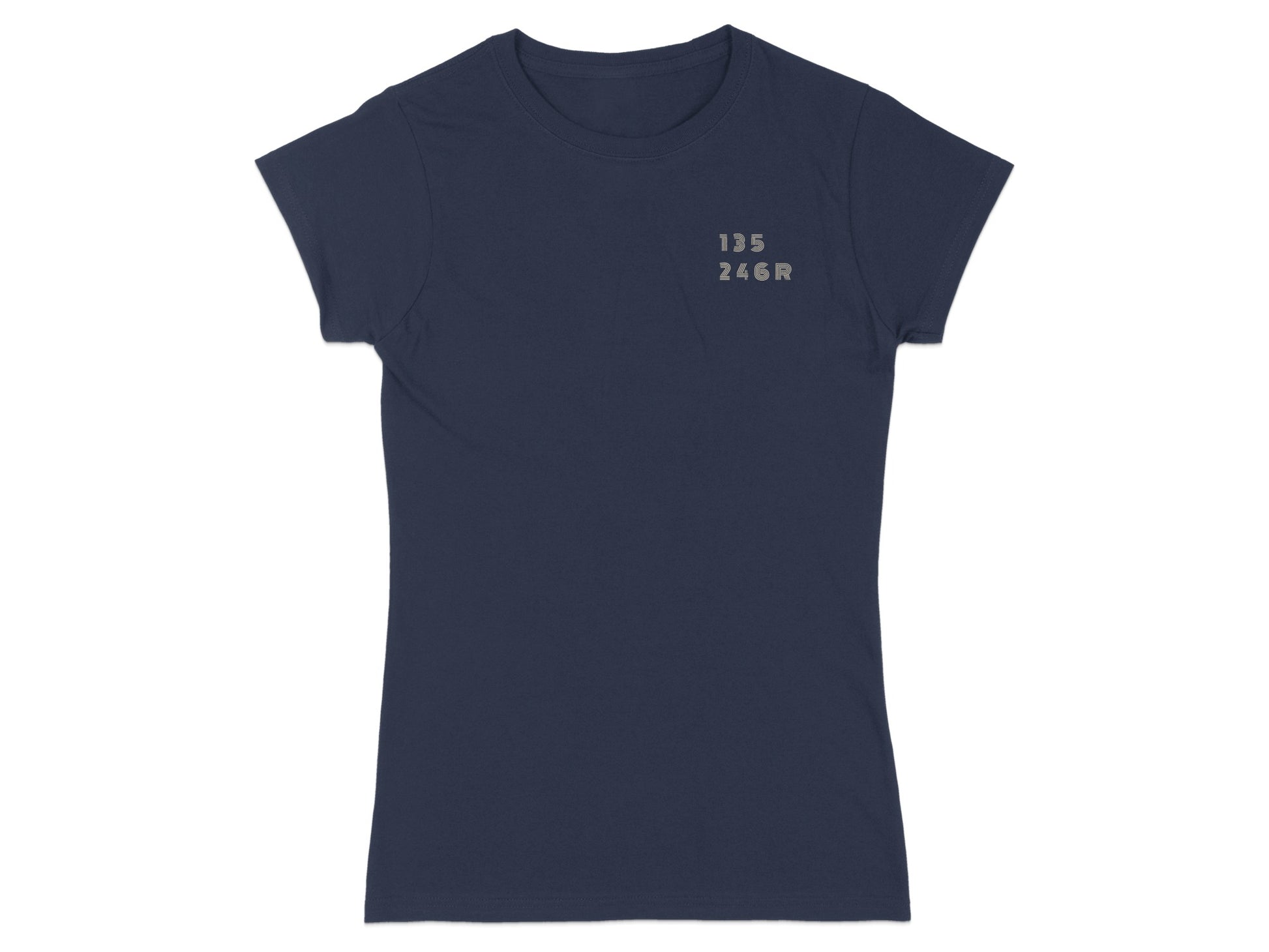 Dark navy t-shirt with "135 246R" printed in small gray text on the chest.