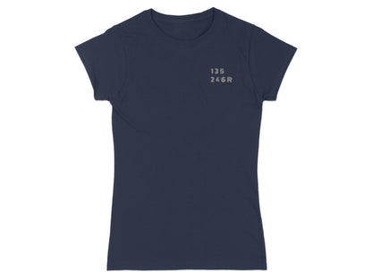 Dark navy t-shirt with "135 246R" printed in small gray text on the chest.