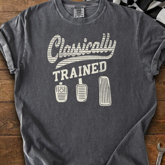 Dark grey t-shirt with "Classically TRAINED" and three pedals graphic.