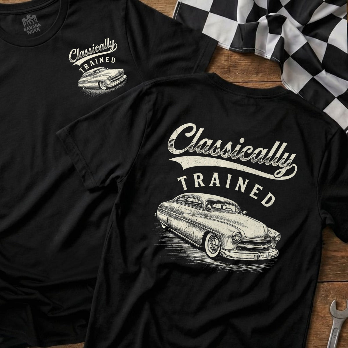 Black t-shirt with "Classically TRAINED" text and vintage car graphic.