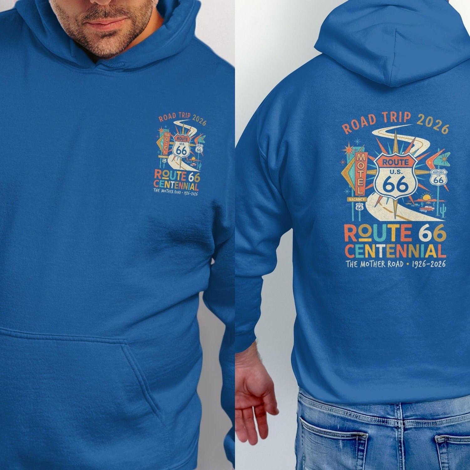 Blue hoodie featuring Route 66 Centennial graphic and text "Road Trip 2026".