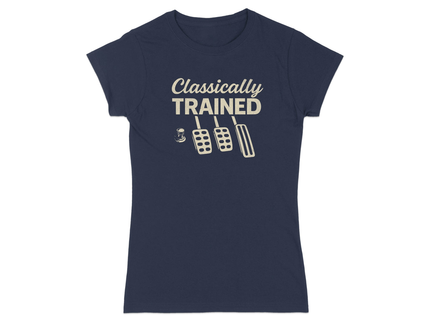 Navy t-shirt with "Classically Trained" text and pedal graphic.