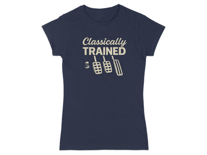 Navy t-shirt with "Classically Trained" text and pedal graphic.