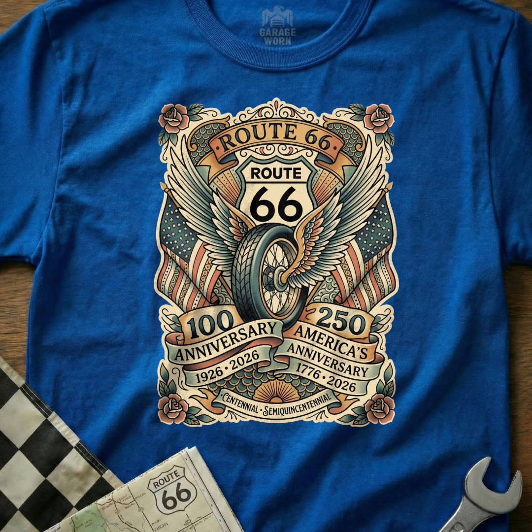 Route 66 t-shirt with winged wheel, flags, and anniversary text.